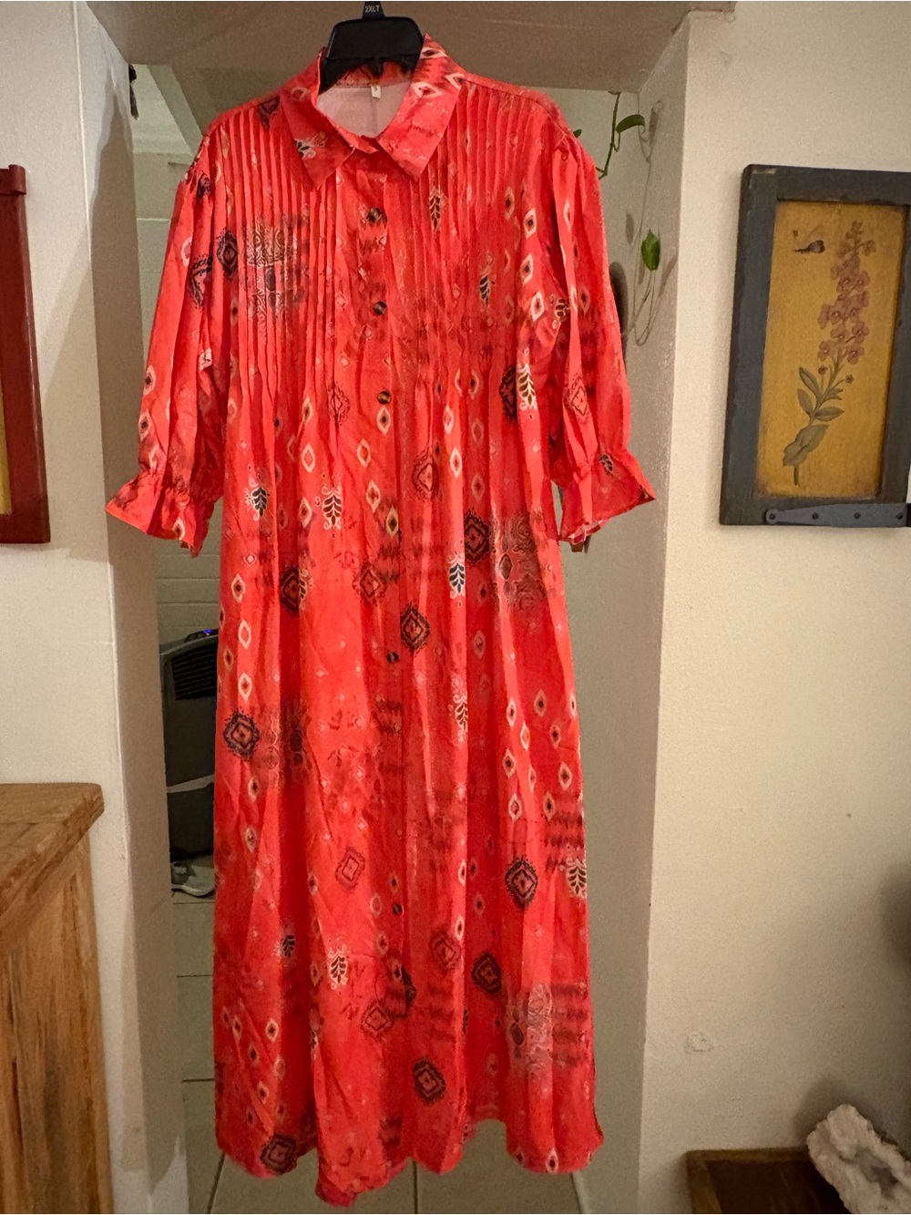 Jennifer and John, Coral Printed Button-Front Long Sleeve Maxi Dress.